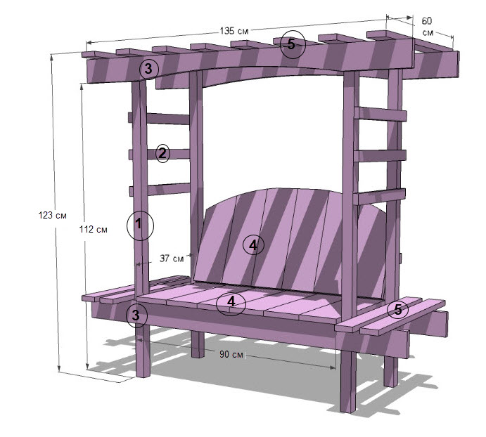 Детская садовая скамейка с перголой (Ш:135 х В: 123 х Г: 60 см) Чертёж и инструкция по сборке